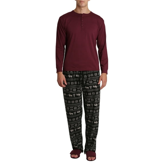 Mens Pajamas Jammies 4 Piece Long Sleeve Shirt Fleece Bottom Adjustable Slipper House Shoes Vintage Moose Fairisle L