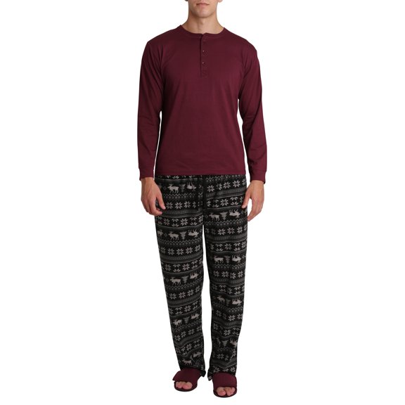 Mens Pajamas Jammies 4 Piece Long Sleeve Shirt Fleece Bottom Adjustable Slipper House Shoes Vintage Moose Fairisle XL