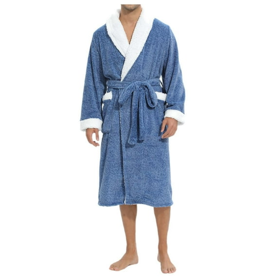 Mens Pajamas Male Flannel Christmas Long Sleeve Bathrobe Autumn And Winter Holiday Party Home Mid Length Bathrobe Blue M