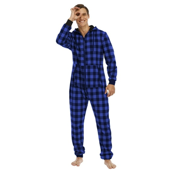 Mens Pajamas Relaxed Fit Plaid Zipper Hood Union Suits Long Sleeve Fall Winter Warm Home Wear Loungewear Blue L
