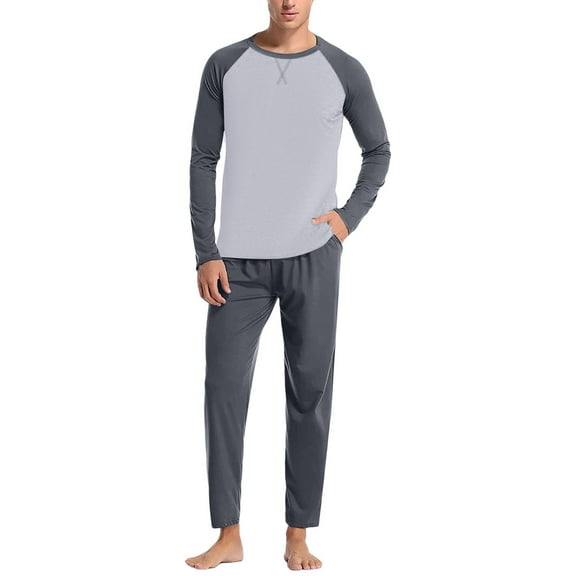 Mens Pajamas Set 2 Piece Color Block Long Sleeve Crew Neck Shirt and Solid Color Pants Soft Home Wear Classic Fit Men's Sleepwear