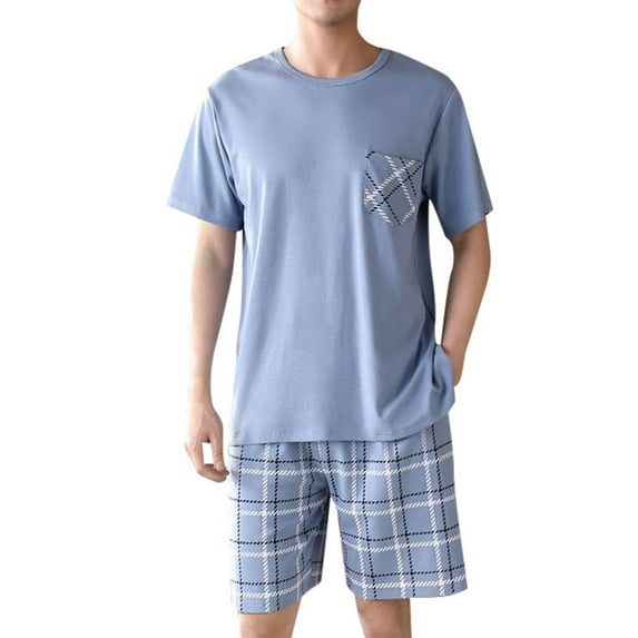 Mens Pajamas Set 2 Piece Lightweight Short Sleeve Crew Neck Nightwear and Shorts Solid Color Casual Classic Fit Men's Pajamas