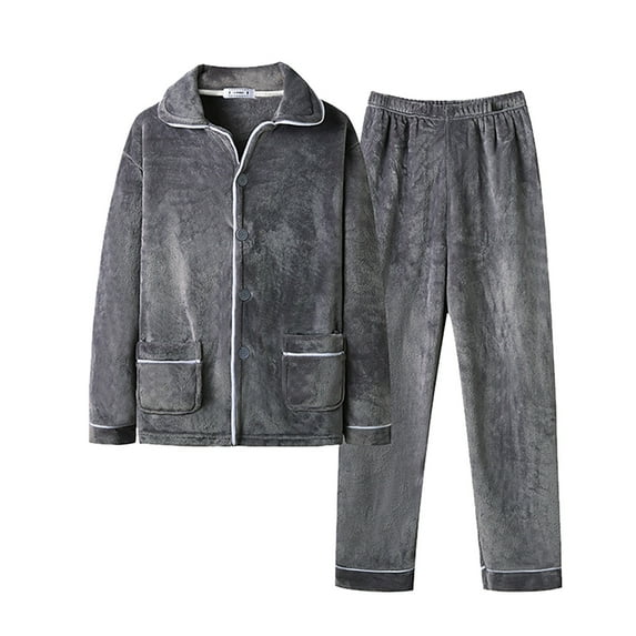 Mens Pajamas Set 2 Piece Plush Warm Long Sleeve Lapel Button Up Thickened Sleepwear and Pajamas Pants Classic Fit Pajamas for Men
