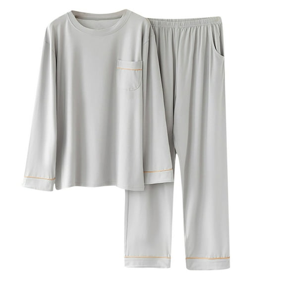 Mens Pajamas Set 2 Piece Round Neck Long Sleeve Shirt Pockets & Straight Leg Long Pants Pjs Loungewear Sleepwear Gray,M