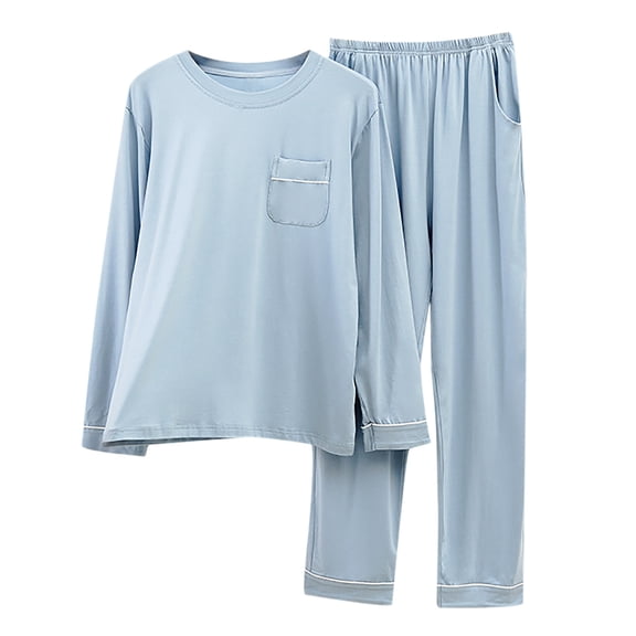 Mens Pajamas Set 2 Piece Round Neck Long Sleeve Shirt Pockets & Straight Leg Long Pants Pjs Loungewear Sleepwear Light blue,M