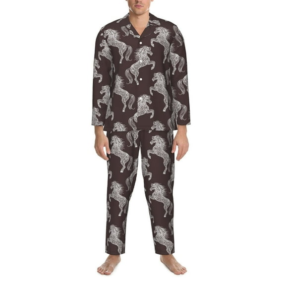 Mens Pajamas Set, Abstract Minimalist Horse White Button Down Long Sleeve Loungewear Sleepwear Pjs sets for Men