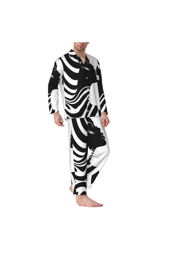 Mens Pajamas Set - Abstract Monochrome Profile Comfy Long Sleeve Button Up Pajama Sets for Men 2 Piece, Soft Sleepwear Nightwear Pjs Lounge Sets for Men with Pockets
