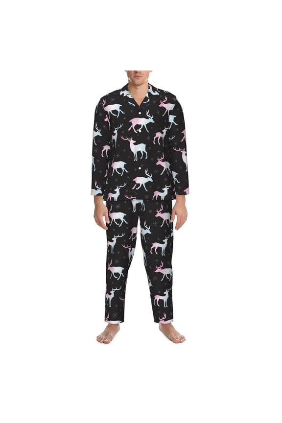 Mens Pajamas Set - Aesthetic Moose Snowflakes Black Comfy Long Sleeve Button Up Pajama Sets for Men 2 Piece, Soft Sleepwear Nightwear Pjs Lounge Sets for Men with Pockets