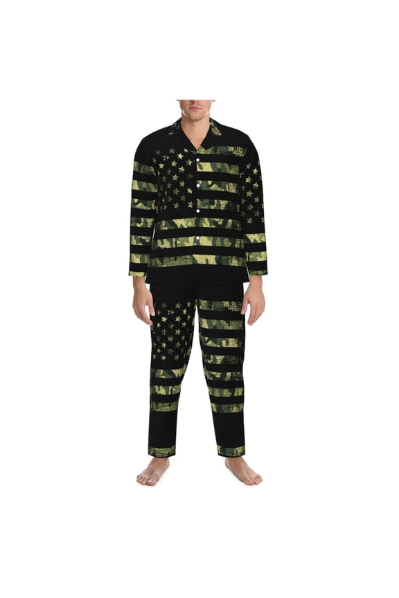 Mens Pajamas Set - American Flag Camo Comfy Long Sleeve Button Up Pajama Sets for Men 2 Piece, Soft Sleepwear Nightwear Pjs Lounge Sets for Men with Pockets