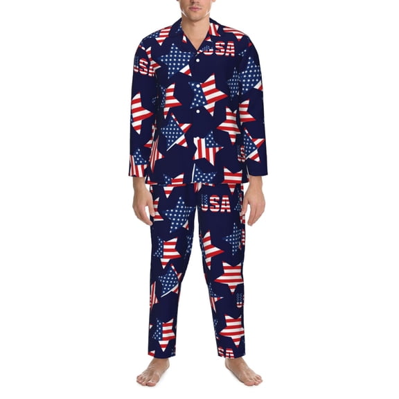 Mens Pajamas Set - American Stars1 Comfy Long Sleeve Button Up Pajama Sets for Men 2 Piece, Soft Sleepwear Nightwear Pjs Lounge Sets for Men with Pockets