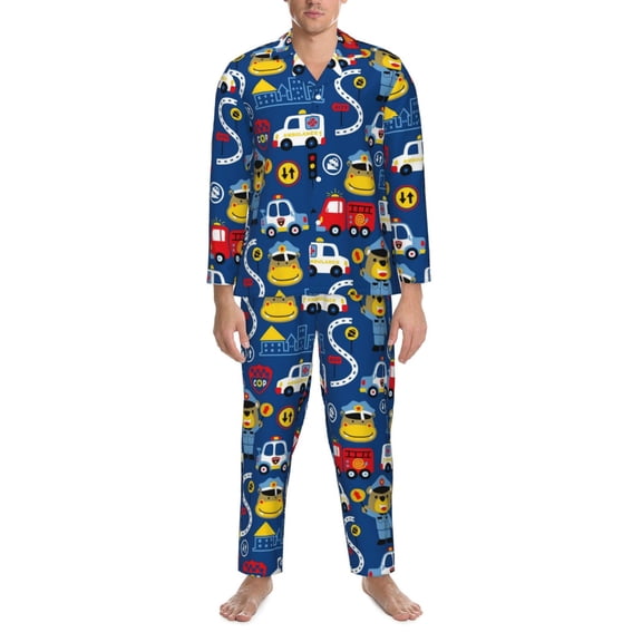 Mens Pajamas Set - Animals Rescue Team Comfy Long Sleeve Button Up Pajama Sets for Men 2 Piece, Soft Sleepwear Nightwear Pjs Lounge Sets for Men with Pockets