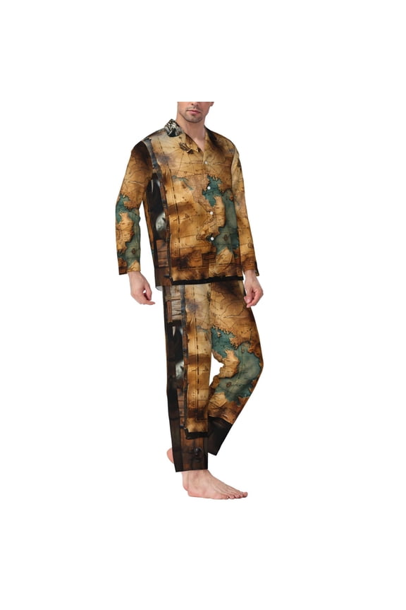 Mens Pajamas Set - Antique Map Adventure Scene Comfy Long Sleeve Button Up Pajama Sets for Men 2 Piece, Soft Sleepwear Nightwear Pjs Lounge Sets for Men with Pockets
