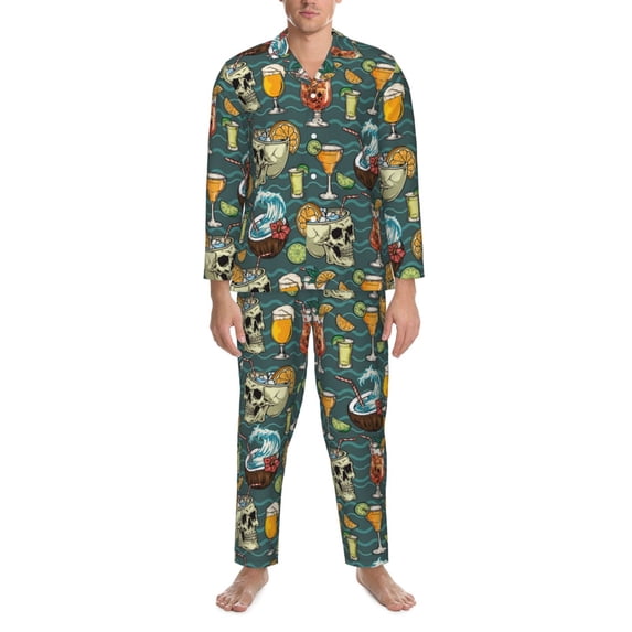 Mens Pajamas Set, Artistic Drink Coconut Skull Button Down Long Sleeve Loungewear Sleepwear Pjs sets for Men