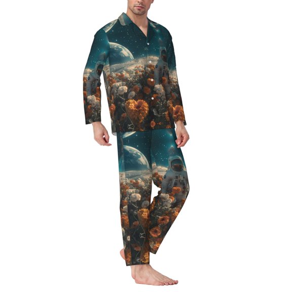 Mens Pajamas Set - Astronaut Flower Field Comfy Long Sleeve Button Up Pajama Sets for Men 2 Piece, Soft Sleepwear Nightwear Pjs Lounge Sets for Men with Pockets
