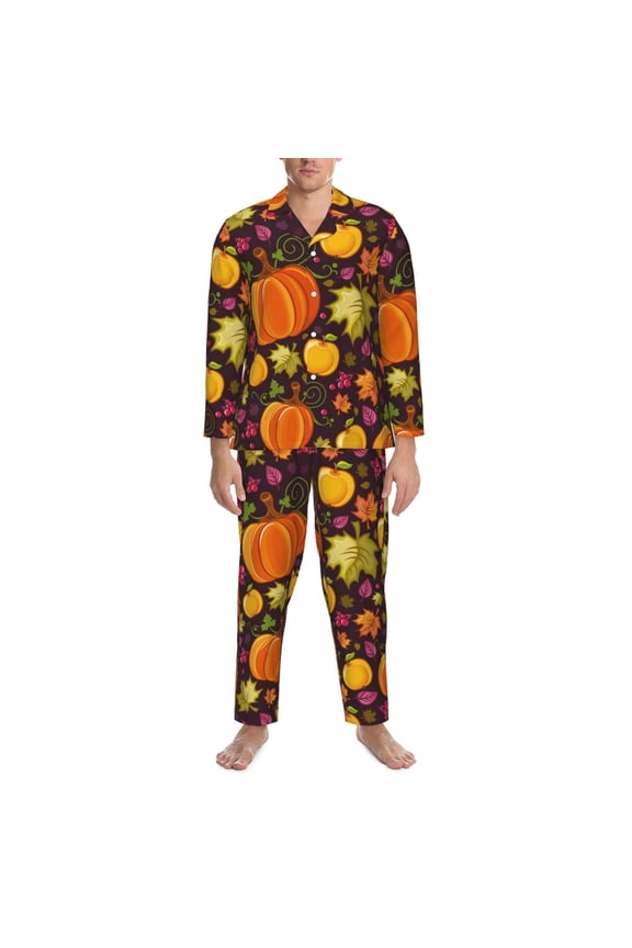 Mens Pajamas Set - Autumn Harvest Pumpkin Joy Comfy Long Sleeve Button Up Pajama Sets for Men 2 Piece, Soft Sleepwear Nightwear Pjs Lounge Sets for Men with Pockets