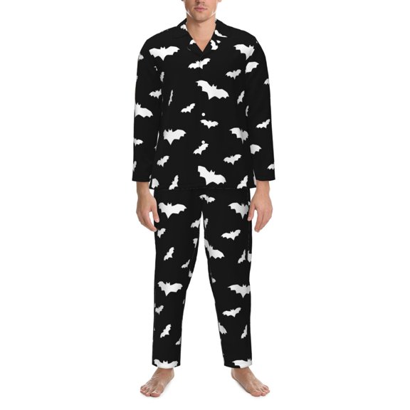 Mens Pajamas Set - Bat Cool Black Halloween Comfy Long Sleeve Button Up Pajama Sets for Men 2 Piece, Soft Sleepwear Nightwear Pjs Lounge Sets for Men with Pockets