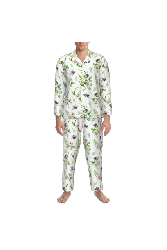 Mens Pajamas Set - Bee Bumblebee Daisy Flower Cute Comfy Long Sleeve Button Up Pajama Sets for Men 2 Piece, Soft Sleepwear Nightwear Pjs Lounge Sets for Men with Pockets