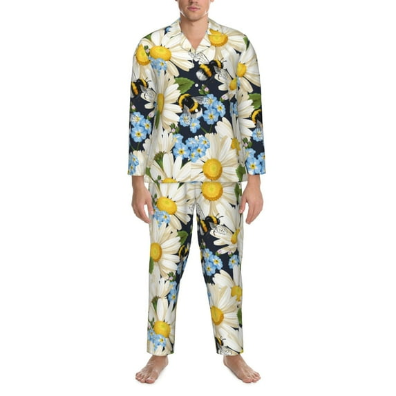 Mens Pajamas Set, Bees Collecting Nectar Button Down Long Sleeve Loungewear Sleepwear Pjs sets for Men