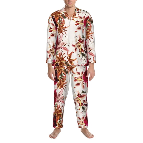 Mens Pajamas Set, Big Lilies Flowers Button Down Long Sleeve Loungewear Sleepwear Pjs sets for Men