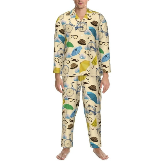 Mens Pajamas Set, Bike Pattern umbrella Button Down Long Sleeve Loungewear Sleepwear Pjs sets for Men