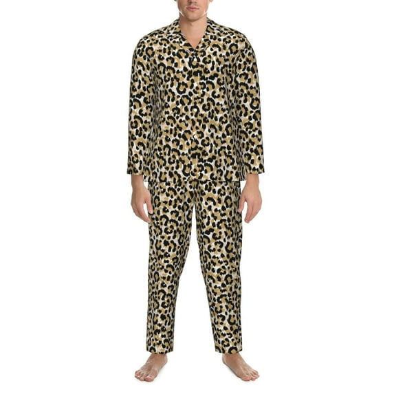 Mens Pajamas Set - Black Brown Leopard Trendy Comfy Long Sleeve Button Up Pajama Sets for Men 2 Piece, Soft Sleepwear Nightwear Pjs Lounge Sets for Men with Pockets