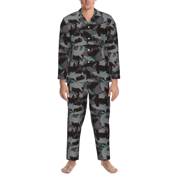 Mens Pajamas Set - Black Camouflage Hammerhead Shark Comfy Long Sleeve Button Up Pajama Sets for Men 2 Piece, Soft Sleepwear Nightwear Pjs Lounge Sets for Men with Pockets