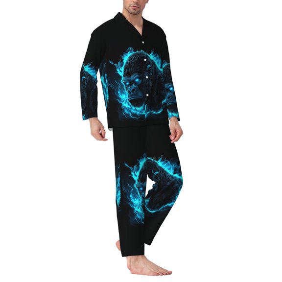 Mens Pajamas Set - Black Gorilla Blue Flames Comfy Long Sleeve Button Up Pajama Sets for Men 2 Piece, Soft Sleepwear Nightwear Pjs Lounge Sets for Men with Pockets