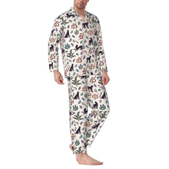 Mens Pajamas Set - Black Panther Snake Palm Leaf Comfy Long Sleeve Button Up Pajama Sets for Men 2 Piece, Soft Sleepwear Nightwear Pjs Lounge Sets for Men with Pockets