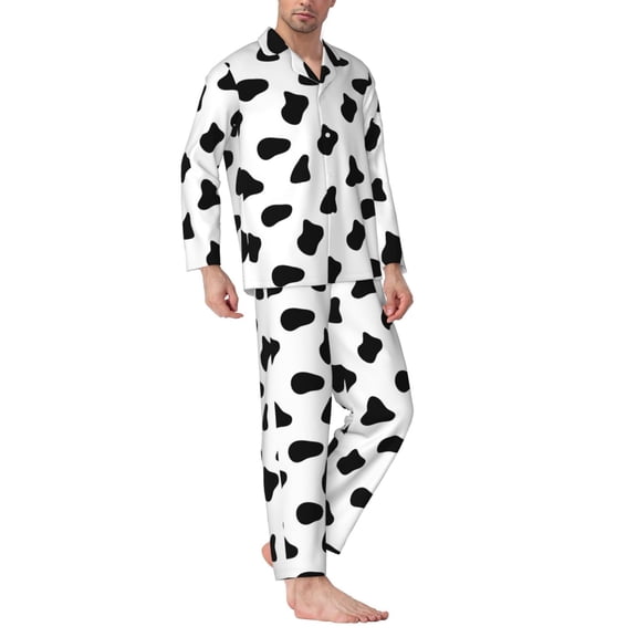 Mens Pajamas Set - Black White Cow Print Comfy Long Sleeve Button Up Pajama Sets for Men 2 Piece, Soft Sleepwear Nightwear Pjs Lounge Sets for Men with Pockets