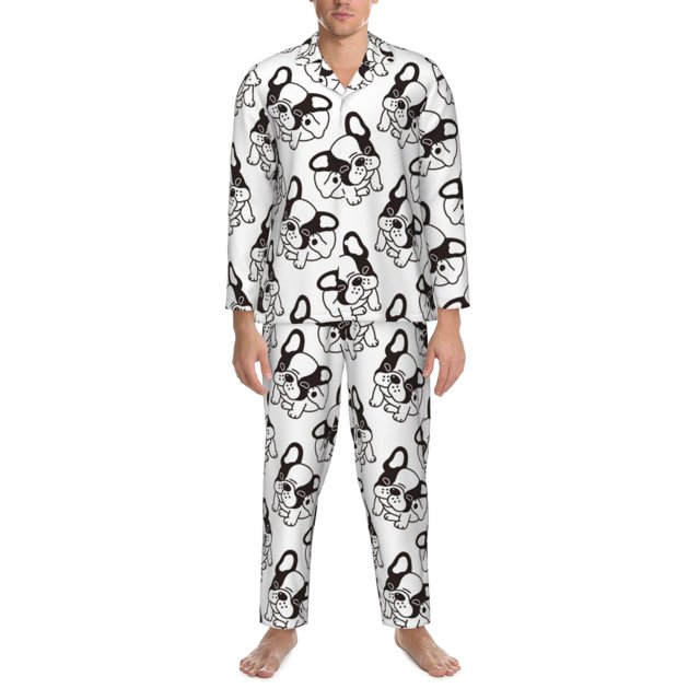 Mens Pajamas Set, Black White Cute French Bulldog Button Down Long