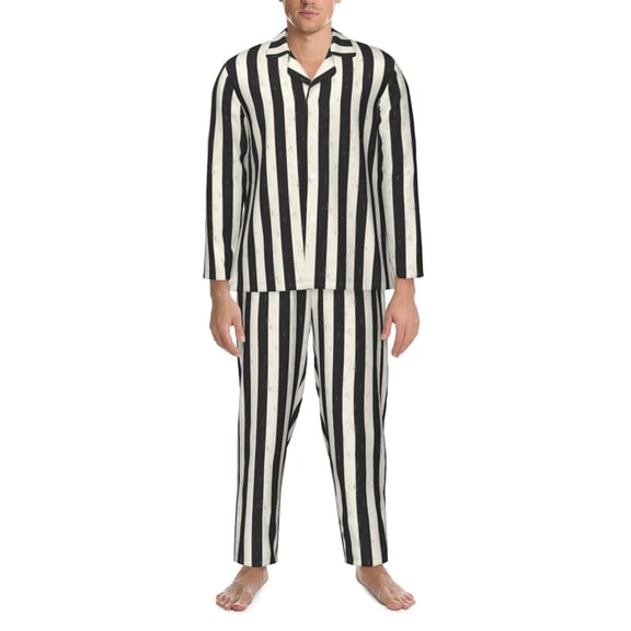 Mens Pajamas Set - Black And White Thick Stripes Comfy Long Sleeve Button Up Pajama Sets for Men 2 Piece, Soft Sleepwear Nightwear Pjs Lounge Sets for Men with Pockets