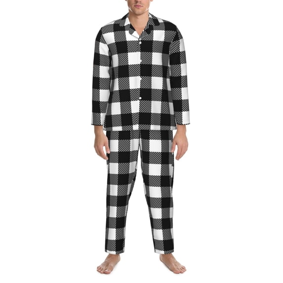 Mens Pajamas Set, Black White Twill Stripe Plaid Button Down Long Sleeve Loungewear Sleepwear Pjs sets for Men