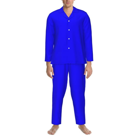 Mens Pajamas Set - Blue Comfy Long Sleeve Button Up Pajama Sets for Men 2 Piece, Soft Sleepwear Nightwear Pjs Lounge Sets for Men with Pockets