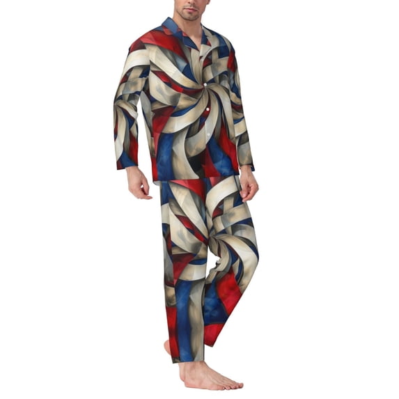 Mens Pajamas Set - Blue Red Abstract Fractal Comfy Long Sleeve Button Up Pajama Sets for Men 2 Piece, Soft Sleepwear Nightwear Pjs Lounge Sets for Men with Pockets
