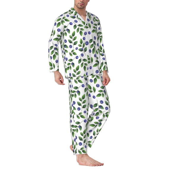 Mens Pajamas Set - Blueberries Pattern Leaf Comfy Long Sleeve Button Up Pajama Sets for Men 2 Piece, Soft Sleepwear Nightwear Pjs Lounge Sets for Men with Pockets