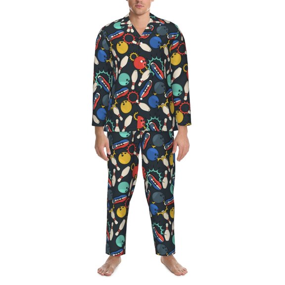 Mens Pajamas Set - Bowling Ball Comfy Long Sleeve Button Up Pajama Sets for Men 2 Piece, Soft Sleepwear Nightwear Pjs Lounge Sets for Men with Pockets