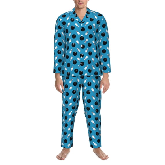 Mens Pajamas Set - Bowling Balls Comfy Long Sleeve Button Up Pajama Sets for Men 2 Piece, Soft Sleepwear Nightwear Pjs Lounge Sets for Men with Pockets