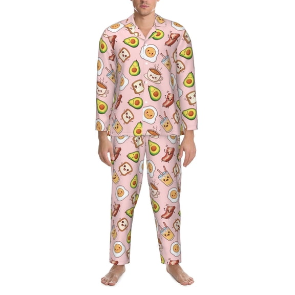 Mens Pajamas Set - Breakfast Comfy Long Sleeve Button Up Pajama Sets for Men 2 Piece, Soft Sleepwear Nightwear Pjs Lounge Sets for Men with Pockets