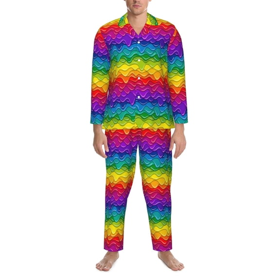Mens Pajamas Set - Bright Rainbow Comfy Long Sleeve Button Up Pajama Sets for Men 2 Piece, Soft Sleepwear Nightwear Pjs Lounge Sets for Men with Pockets