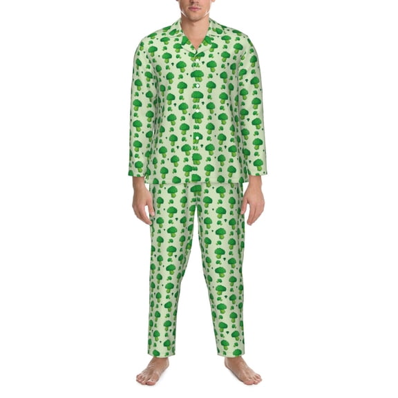 Mens Pajamas Set - Broccoli 1 Comfy Long Sleeve Button Up Pajama Sets for Men 2 Piece, Soft Sleepwear Nightwear Pjs Lounge Sets for Men with Pockets