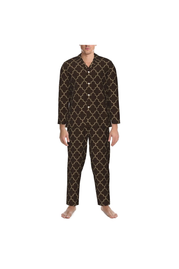 Mens Pajamas Set - Brown Moroccan Trellis Comfy Long Sleeve Button Up Pajama Sets for Men 2 Piece, Soft Sleepwear Nightwear Pjs Lounge Sets for Men with Pockets