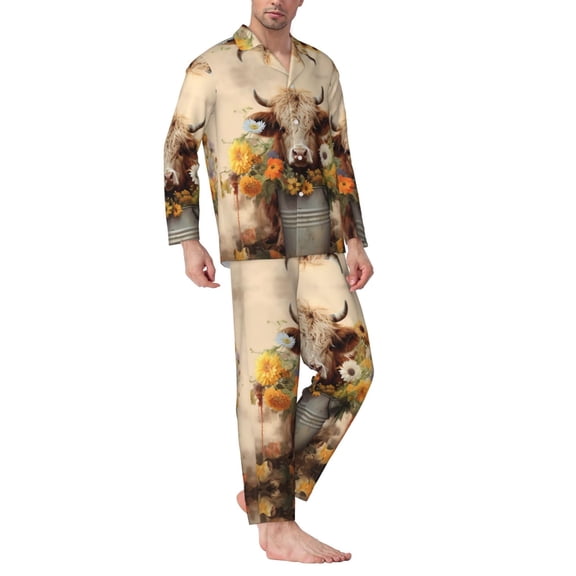 Mens Pajamas Set - Bucket Flower Cow Comfy Long Sleeve Button Up Pajama Sets for Men 2 Piece, Soft Sleepwear Nightwear Pjs Lounge Sets for Men with Pockets