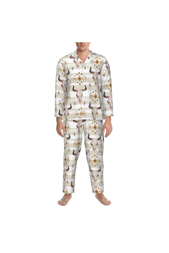 Mens Pajamas Set - Bull Cow Skull Boho Indian Style Comfy Long Sleeve Button Up Pajama Sets for Men 2 Piece, Soft Sleepwear Nightwear Pjs Lounge Sets for Men with Pockets