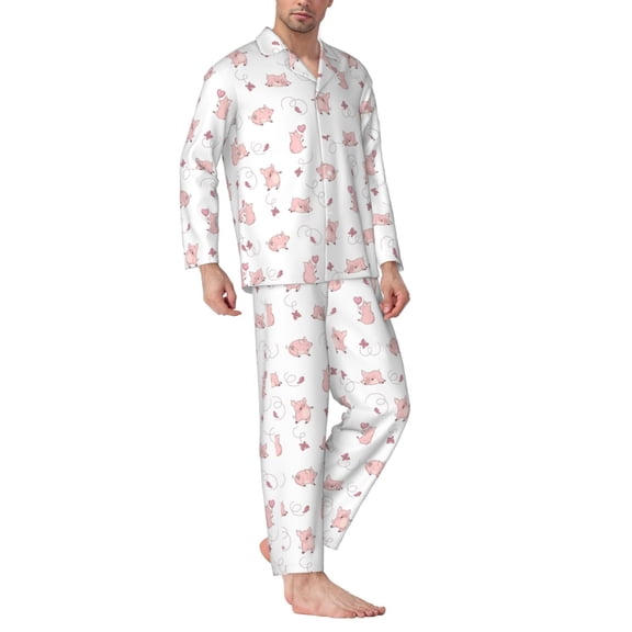 Mens Pajamas Set - Butterfly Cute Pig Pink Comfy Long Sleeve Button Up Pajama Sets for Men 2 Piece, Soft Sleepwear Nightwear Pjs Lounge Sets for Men with Pockets