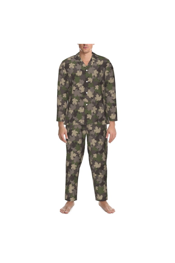 Mens Pajamas Set - Camouflage Maple Comfy Long Sleeve Button Up Pajama Sets for Men 2 Piece, Soft Sleepwear Nightwear Pjs Lounge Sets for Men with Pockets