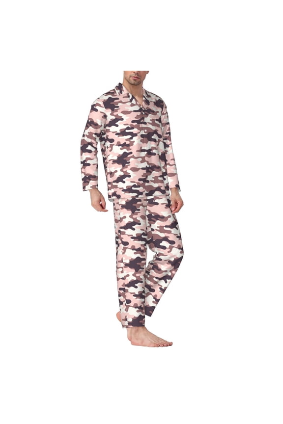 Mens Pajamas Set - Camouflage Pink Comfy Long Sleeve Button Up Pajama Sets for Men 2 Piece, Soft Sleepwear Nightwear Pjs Lounge Sets for Men with Pockets