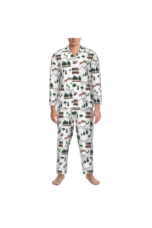 Mens Pajamas Set - Camping Caravan K Comfy Long Sleeve Button Up Pajama Sets for Men 2 Piece, Soft Sleepwear Nightwear Pjs Lounge Sets for Men with Pockets