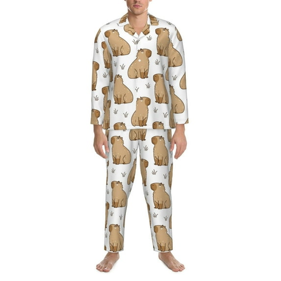 Mens Pajamas Set, Capybara Grass Button Down Long Sleeve Loungewear Sleepwear Pjs sets for Men