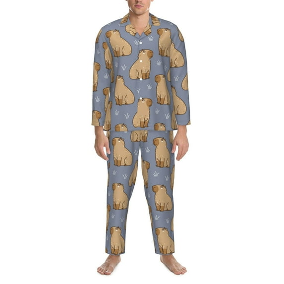 Mens Pajamas Set, Capybara and Grass Button Down Long Sleeve Loungewear Sleepwear Pjs sets for Men