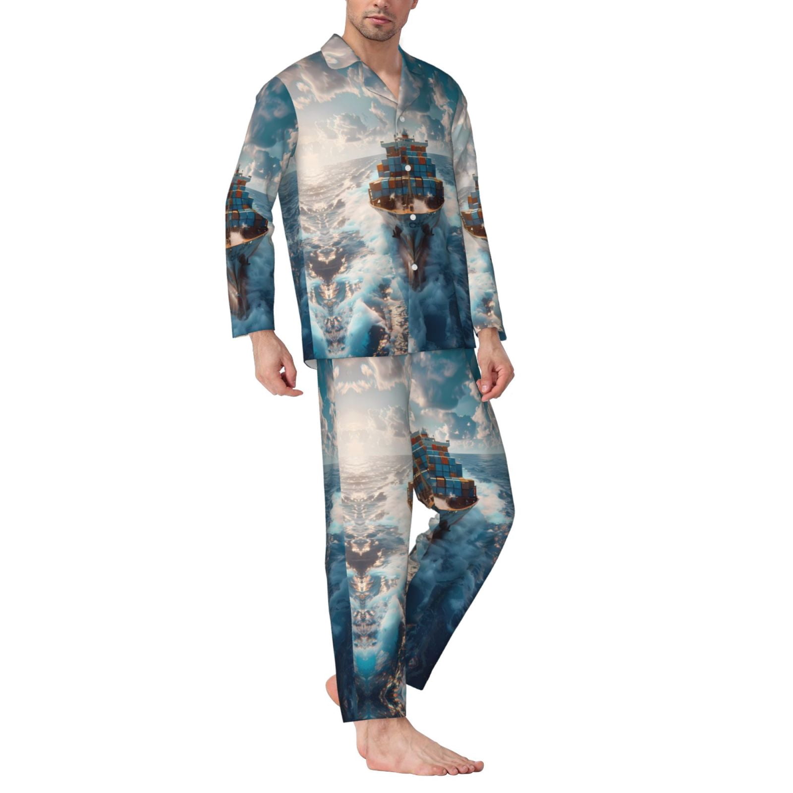 Mens Pajamas Set - Cargo Ship At Sea Comfy Long Sleeve Button Up Pajama ...